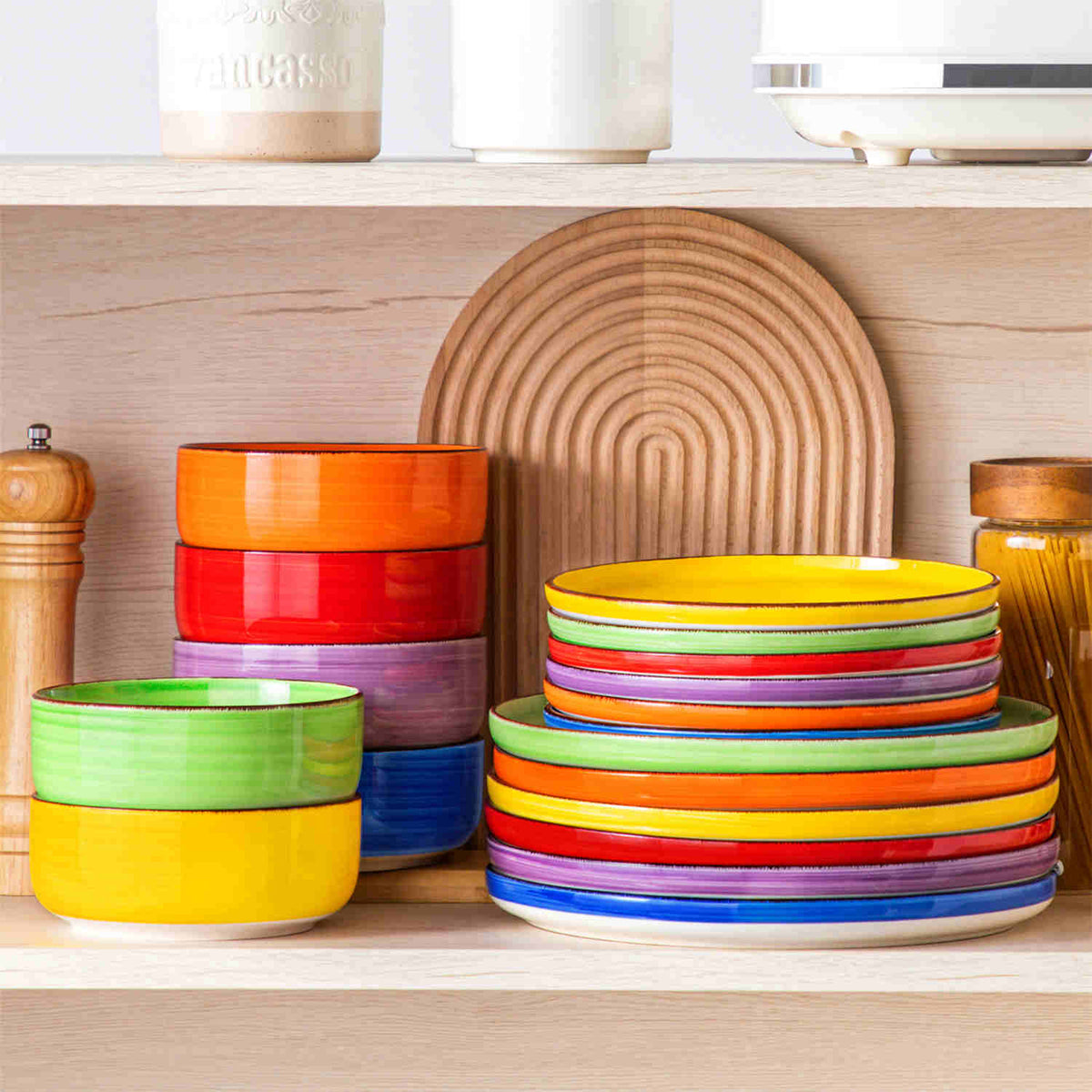 18-Piece Multicolor Stoneware Set With Vintage Spiral Design And Ergonomic Lipped Edges—Stackable, Durable, And Perfect For Building A Playful, Curated Collection.