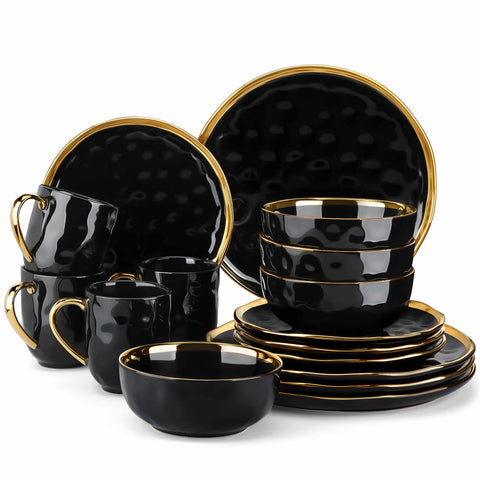 Lovecasa 16-Piece Dinnerware Set With Gold Trim Made Of Durable Porcelain Perfect For Elegant Dining And Everyday Use - Black