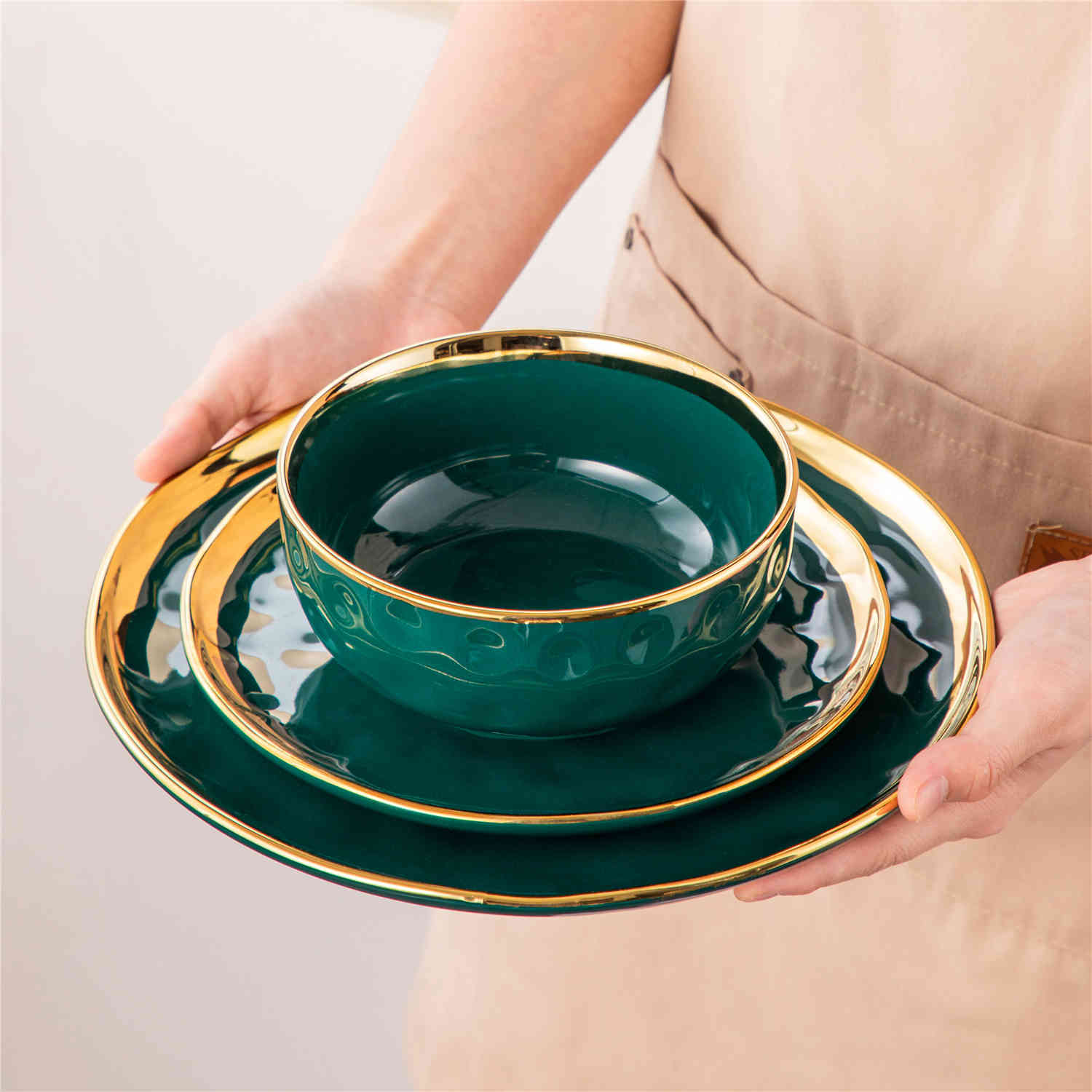 LOVECASA Gold Trim 12 Piece Dinnerware Set in Green - Includes Plates And Bowls - Stackable And Dishwasher Safe
