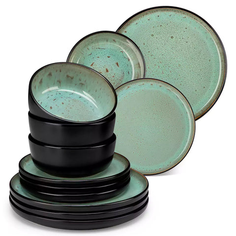 Rustic dining table with Amber 12-piece stoneware dinnerware in farmhouse green - featuring reactive glaze plates - bowls - and utensils by vancasso
