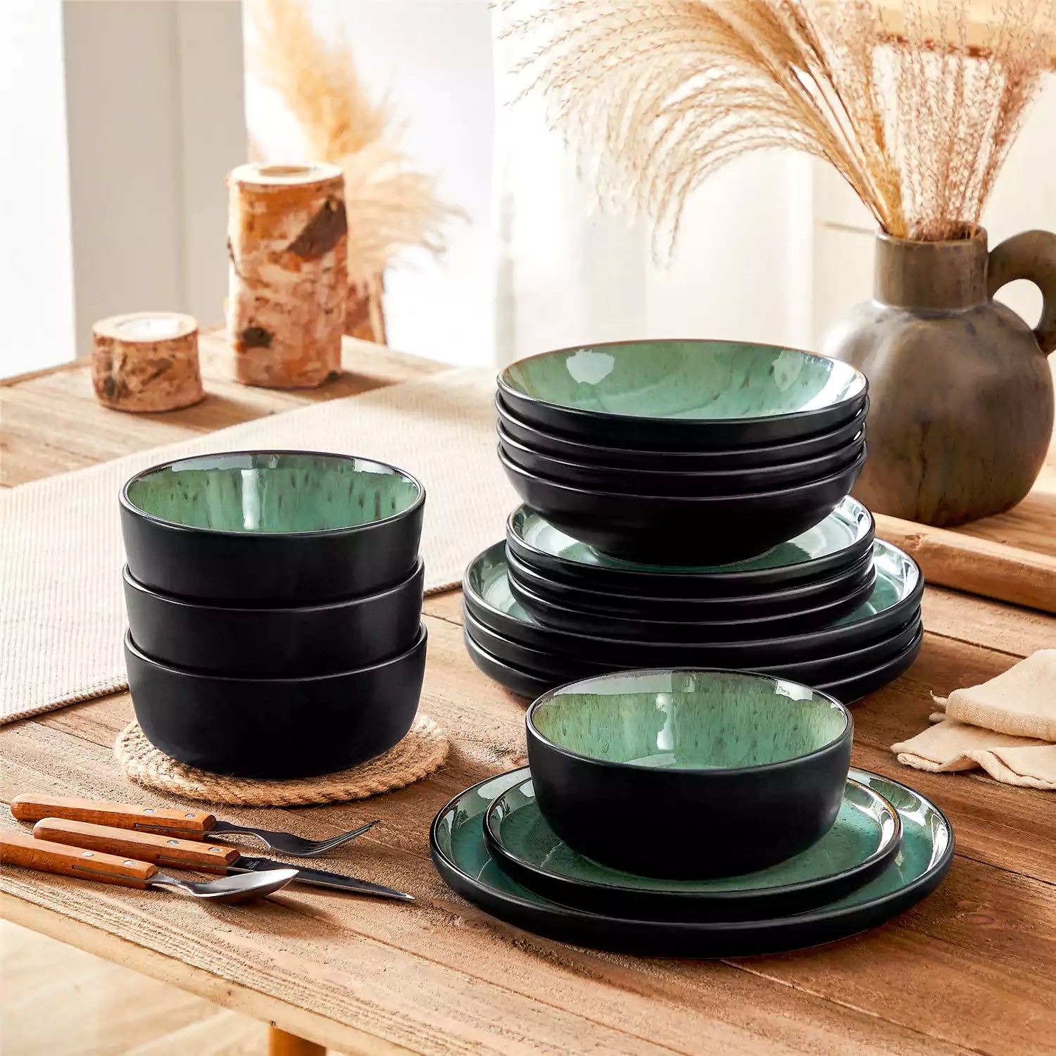 Assorted dishes with soup - dessert -  and fruit salad on rustic wooden table - Amber 16-Piece green stoneware dinnerware set with plates and bowls by vancasso