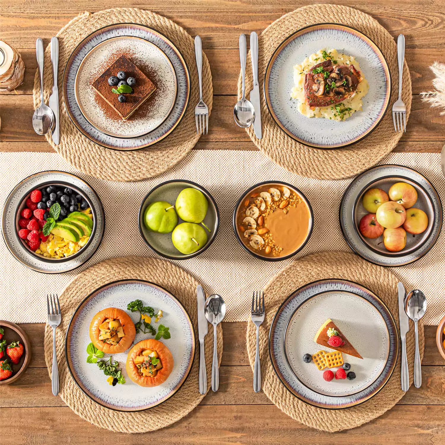 Rustic dining table with Amber 12-piece stoneware dinnerware in farmhouse beige - featuring reactive glaze plates - bowls - and utensils by vancasso