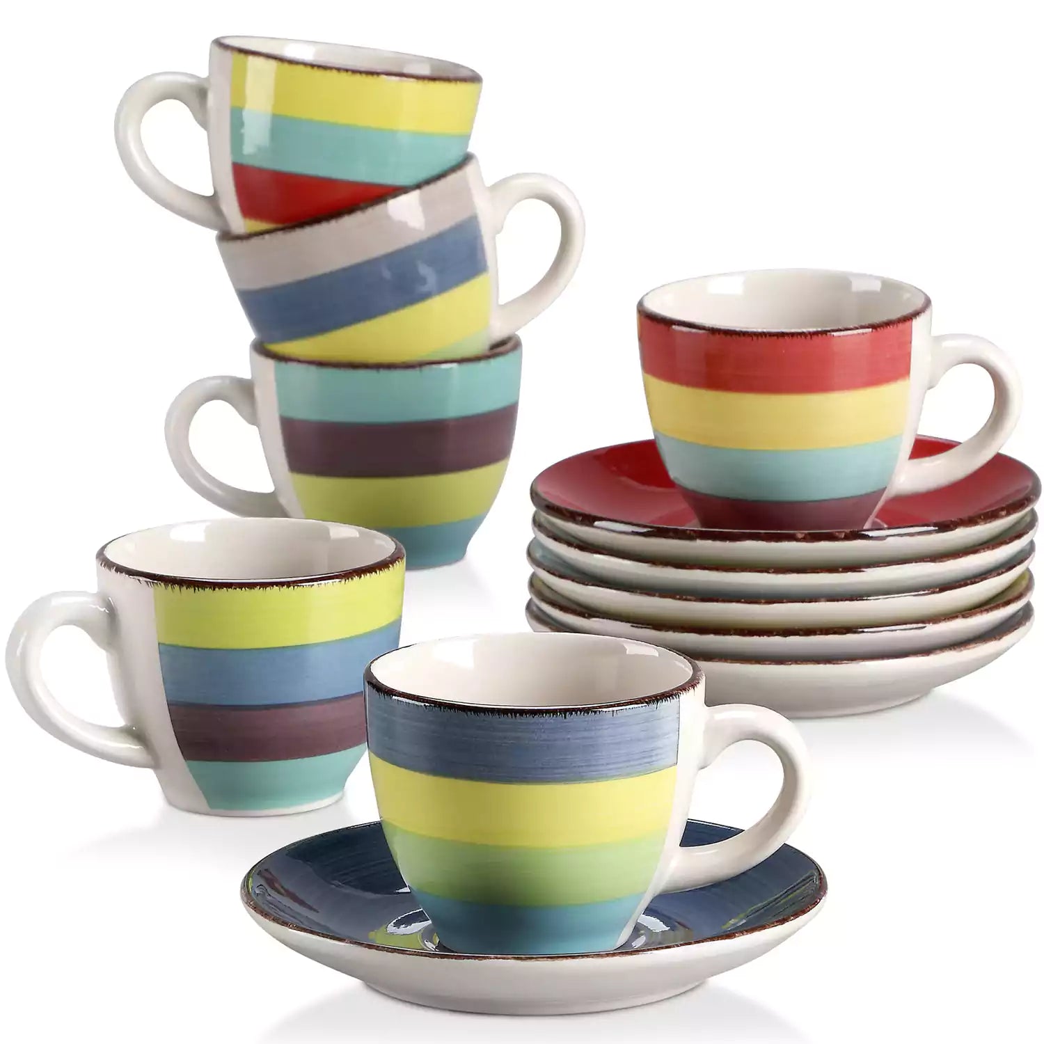 Colorful stoneware coffee cups and saucers set of 6 with vintage handmade charm, perfect for serving espresso or morning brews.