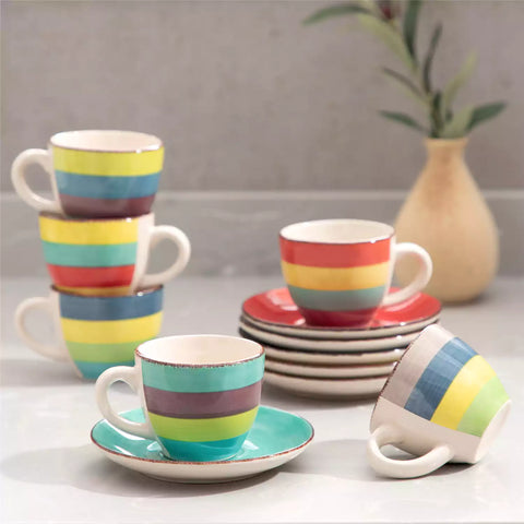 Colorful stoneware coffee cups and saucers set of 6 with vintage handmade charm, perfect for serving espresso or morning brews.