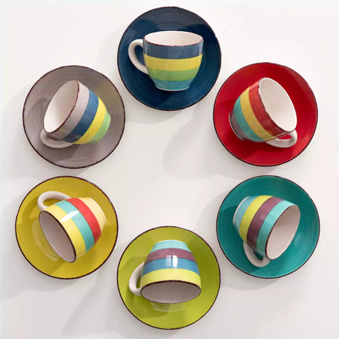 Colorful stoneware coffee cups and saucers set of 6 with vintage handmade charm, perfect for serving espresso or morning brews.