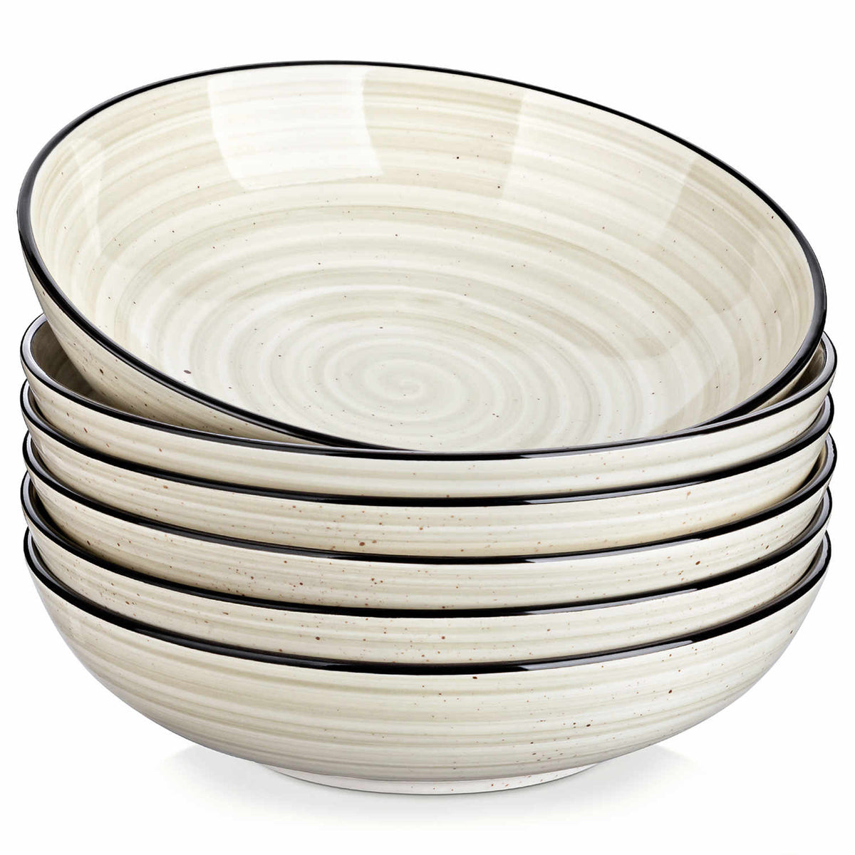 Bonbon double-sided stoneware pasta bowls in beige - artfully filled with pasta - fresh fruit salad - pumpkin soup - and oatmeal - exuding rustic charm on a white dining table