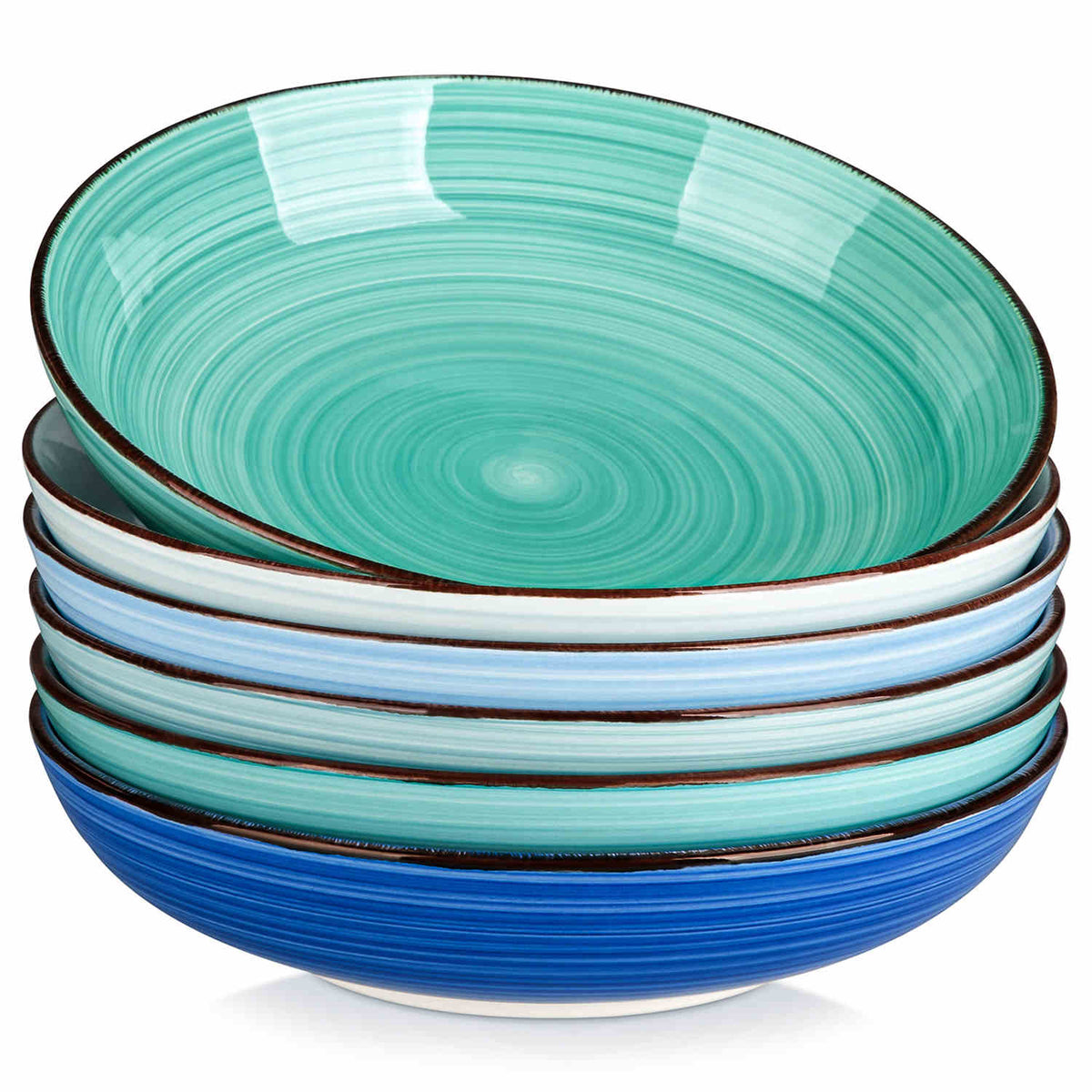 Blue Bonita large stoneware bowls set of 6 on a white table - each filled with pasta - pumpkin soup - and fruit salad - creating a bright and inviting table setting
