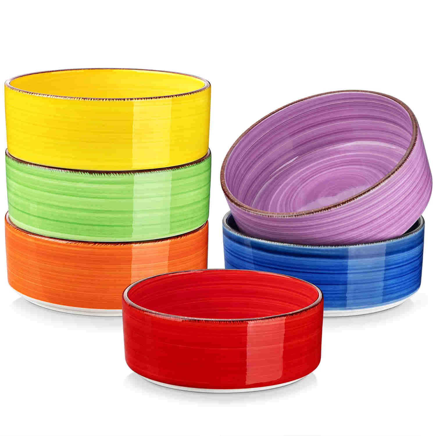 Multicolor Bonita straight-edge cereal bowls set of 6 on a white table - filled with oats - pear - and pasta - accented with lemons and greenery for a fresh - natural look