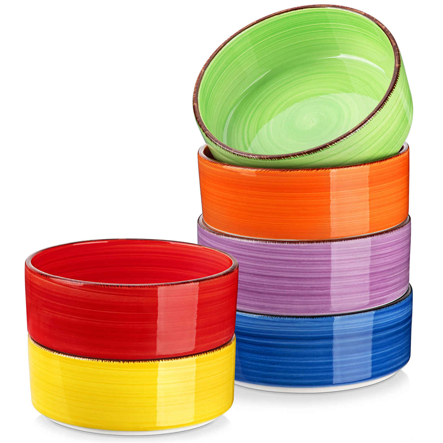Multicolor Bonita straight-edge cereal bowls set of 6 on a white table - filled with oats - pear - and pasta - accented with lemons and greenery for a fresh - natural look