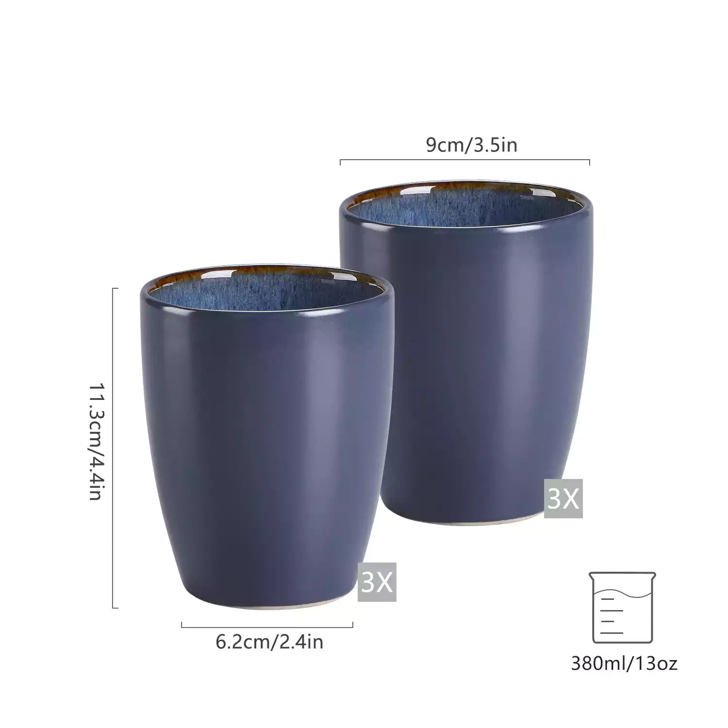 Set of 6 bubble stoneware mugs in rich blue - green - and brown tones with reactive glaze and matte black exterior - ideal for coffee -  tea - or cozy mornings - Blue