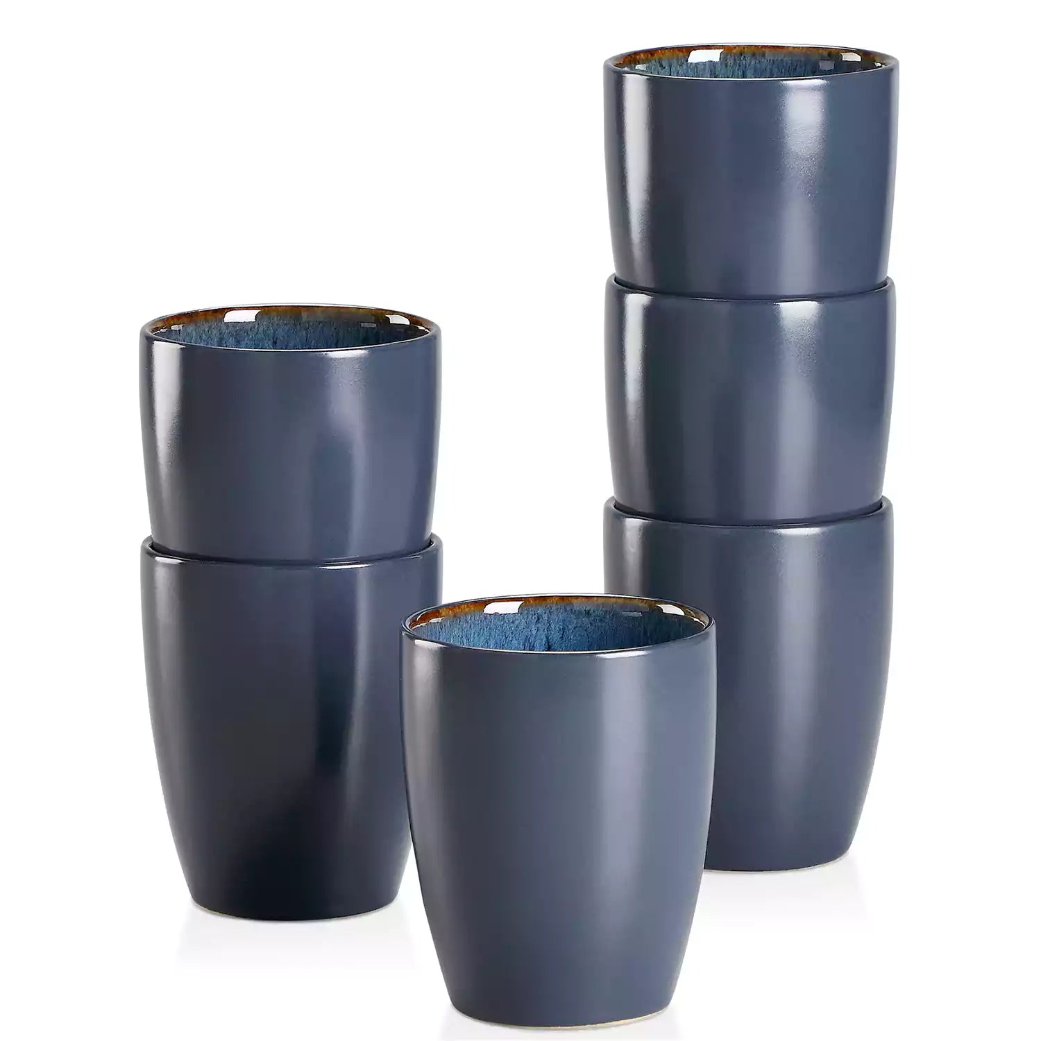 Set of 6 bubble stoneware mugs in rich blue - green - and brown tones with reactive glaze and matte black exterior - ideal for coffee -  tea - or cozy mornings - Blue