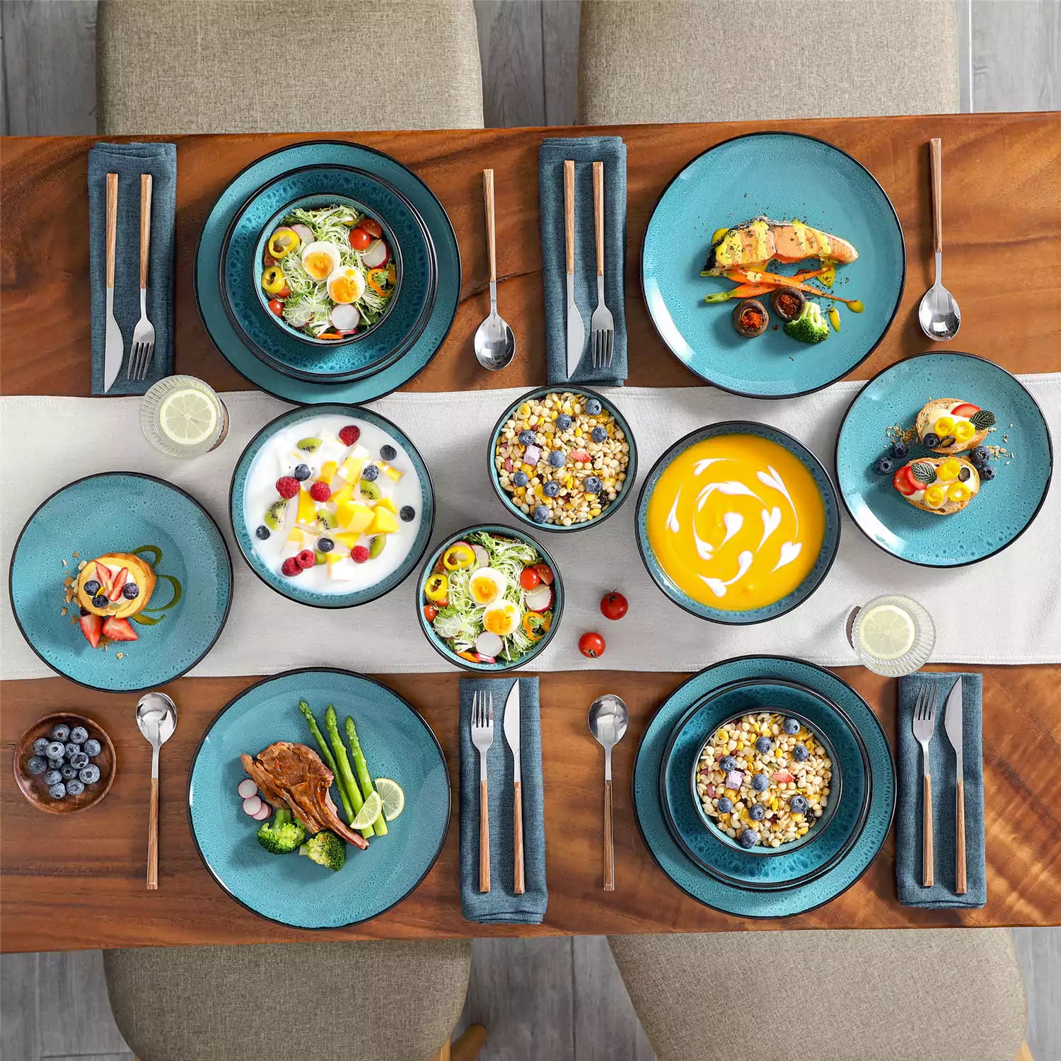 vancasso Bubble 16-Piece Dinnerware Set With Soup Bowls Featuring Glossy Reactive Glaze Bubble Patterns For A Modern Farmhouse Charm - Green