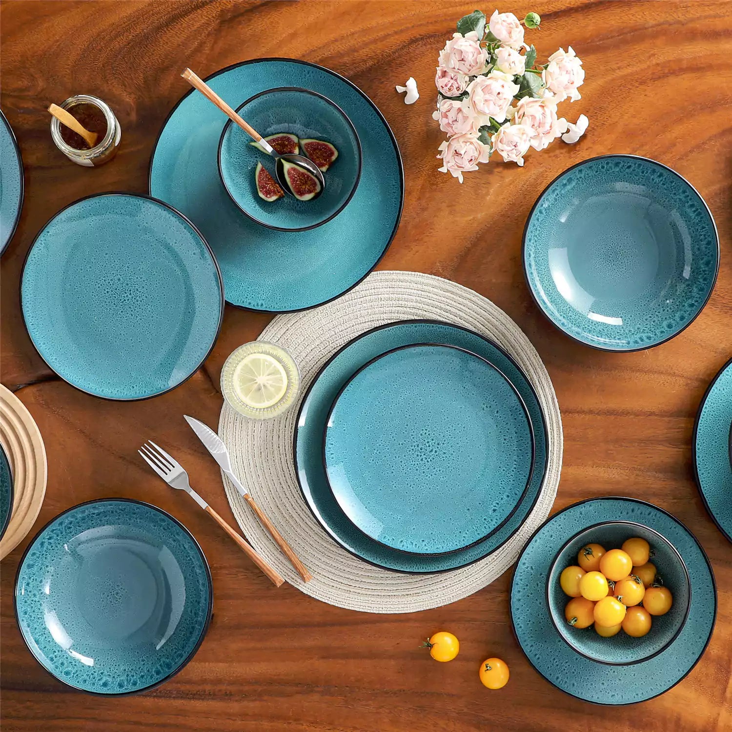 vancasso Bubble 16-Piece Dinnerware Set With Soup Bowls Featuring Glossy Reactive Glaze Bubble Patterns For A Modern Farmhouse Charm - Green
