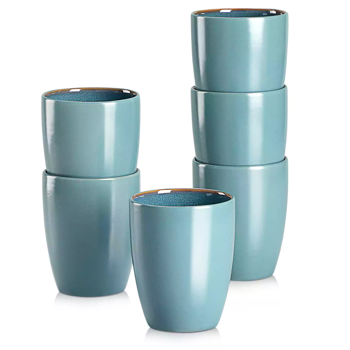 Set of 6 bubble stoneware mugs in rich blue - green - and brown tones with reactive glaze and matte black exterior - ideal for coffee -  tea - or cozy mornings - Green