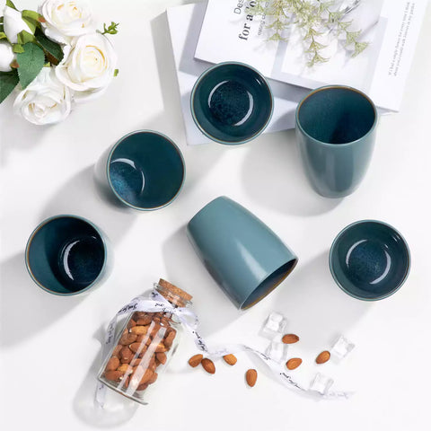 Set of 6 bubble stoneware mugs in rich blue - green - and brown tones with reactive glaze and matte black exterior - ideal for coffee -  tea - or cozy mornings - Green