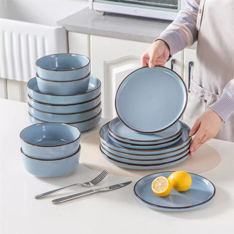 Loire 16-Piece Stoneware Dinnerware Set With A Refined Speckled Glaze And Earthy Brown Trim Ideal For Everyday Meals or Casual Gatherings - Blue