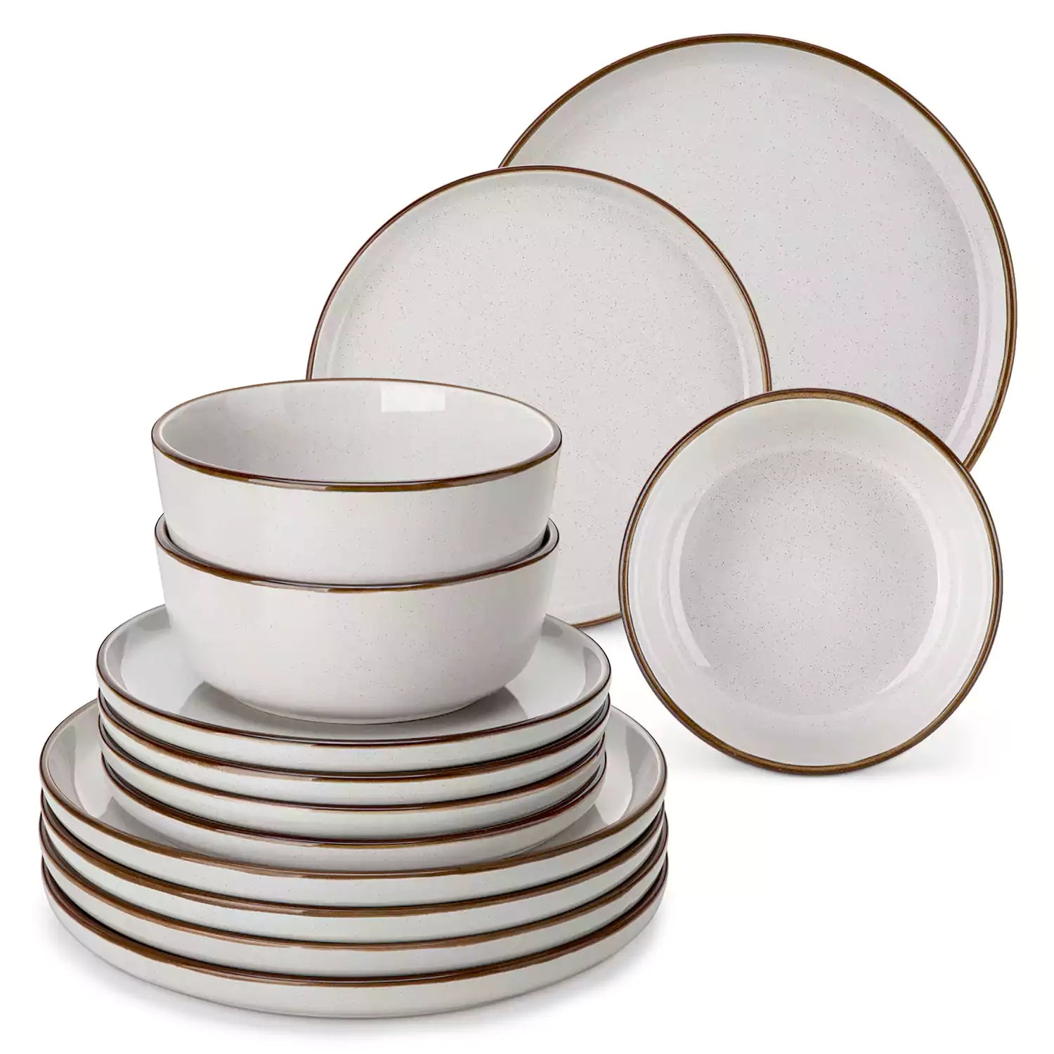 Loire 18-Piece Stoneware Dinnerware Set With Flat Shapes Speckled Glaze And Warm Brown Trim - Grey