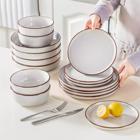 Loire 16-Piece Stoneware Dinnerware Set With A Refined Speckled Glaze And Earthy Brown Trim Ideal For Everyday Meals or Casual Gatherings - Grey