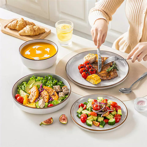 Loire 16-Piece Stoneware Dinnerware Set With A Refined Speckled Glaze And Earthy Brown Trim Ideal For Everyday Meals or Casual Gatherings - Grey
