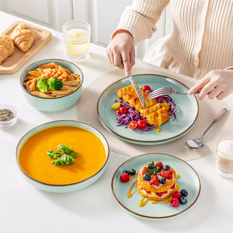 Loire 16-Piece Stoneware Dinnerware Set With A Refined Speckled Glaze And Earthy Brown Trim Ideal For Everyday Meals or Casual Gatherings - Jardin Green