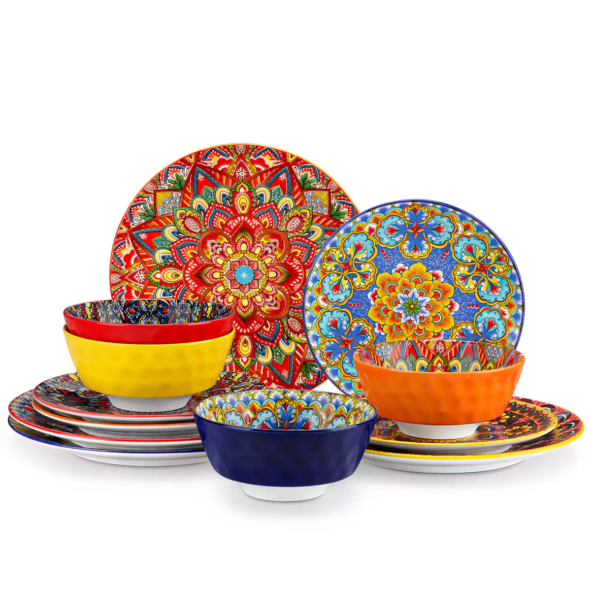 Bohemian Lumi 12 piece porcelain dinnerware set with vibrant patterned plates diamond embossed bowls served with steak eggs and fresh fruit on a wooden table