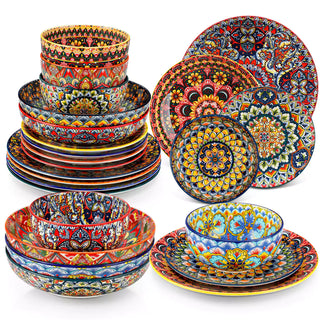 Bohemian style dining table set with Lumi 24 piece colorful dinnerware bowls and vibrant table décor ready for a lively meal