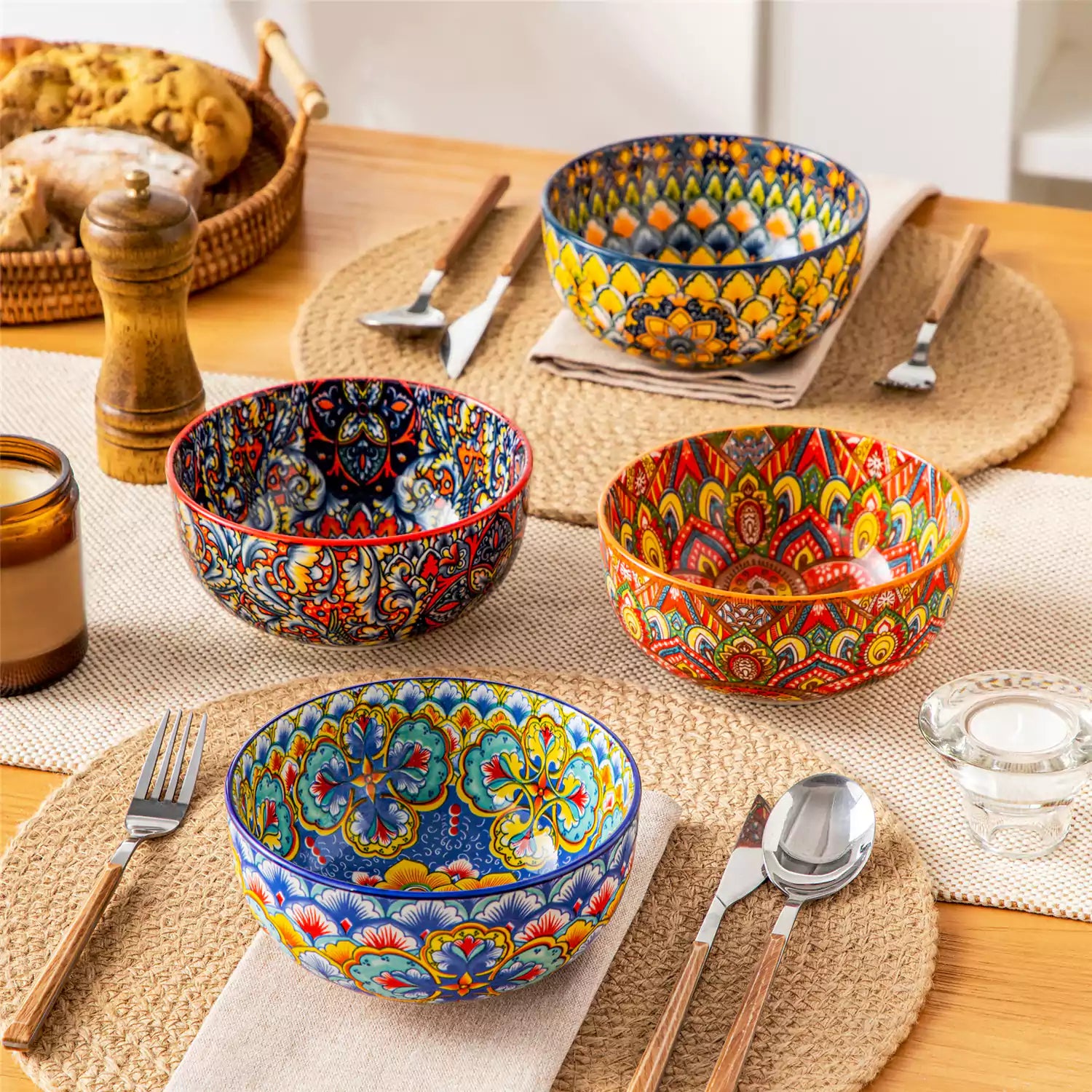 Lumi 28oz porcelain cereal bowl vibrant double sided Bohemian design filled with oatmeal fruit salad creamy soup and seafood risotto
