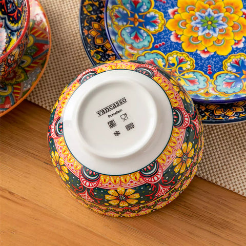 Lumi 28oz porcelain cereal bowl vibrant double sided Bohemian design filled with oatmeal fruit salad creamy soup and seafood risotto