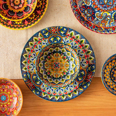 Lumi 28oz porcelain cereal bowl vibrant double sided Bohemian design filled with oatmeal fruit salad creamy soup and seafood risotto