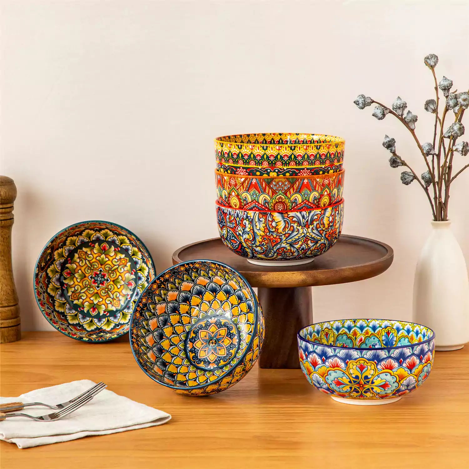 Lumi 28oz porcelain cereal bowl vibrant double sided Bohemian design filled with oatmeal fruit salad creamy soup and seafood risotto