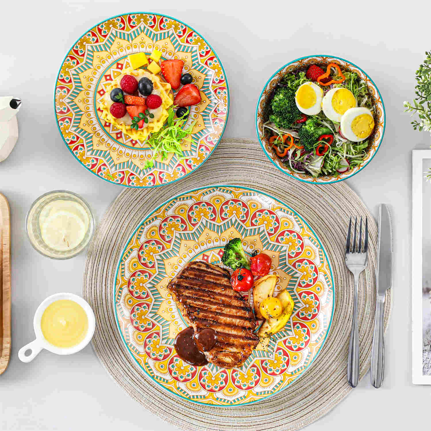 Boho Chic Multicolor Mandala 12 Piece Porcelain Dinnerware Set with Bowls and Plates-vancasso