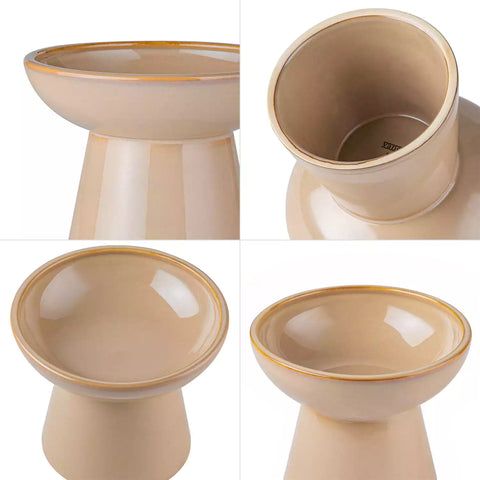 Elevated Cat Bowl Set With Stoneware Shallow Water Bowl And Deep Food Bowl - Designed For Comfortable And Mess-Free Feeding - Brown
