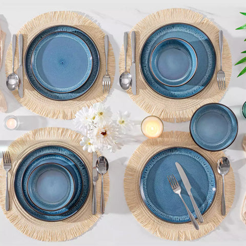 Playa 18-Piece Stoneware Dinnerware Set with plates and bowls for 6 - featuring a unique blue reactive glaze and a farmhouse-inspired style-vancasso