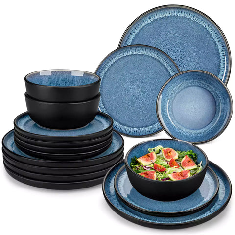 Playa 18-Piece Stoneware Dinnerware Set with plates and bowls for 6 - featuring a unique blue reactive glaze and a farmhouse-inspired style-vancasso