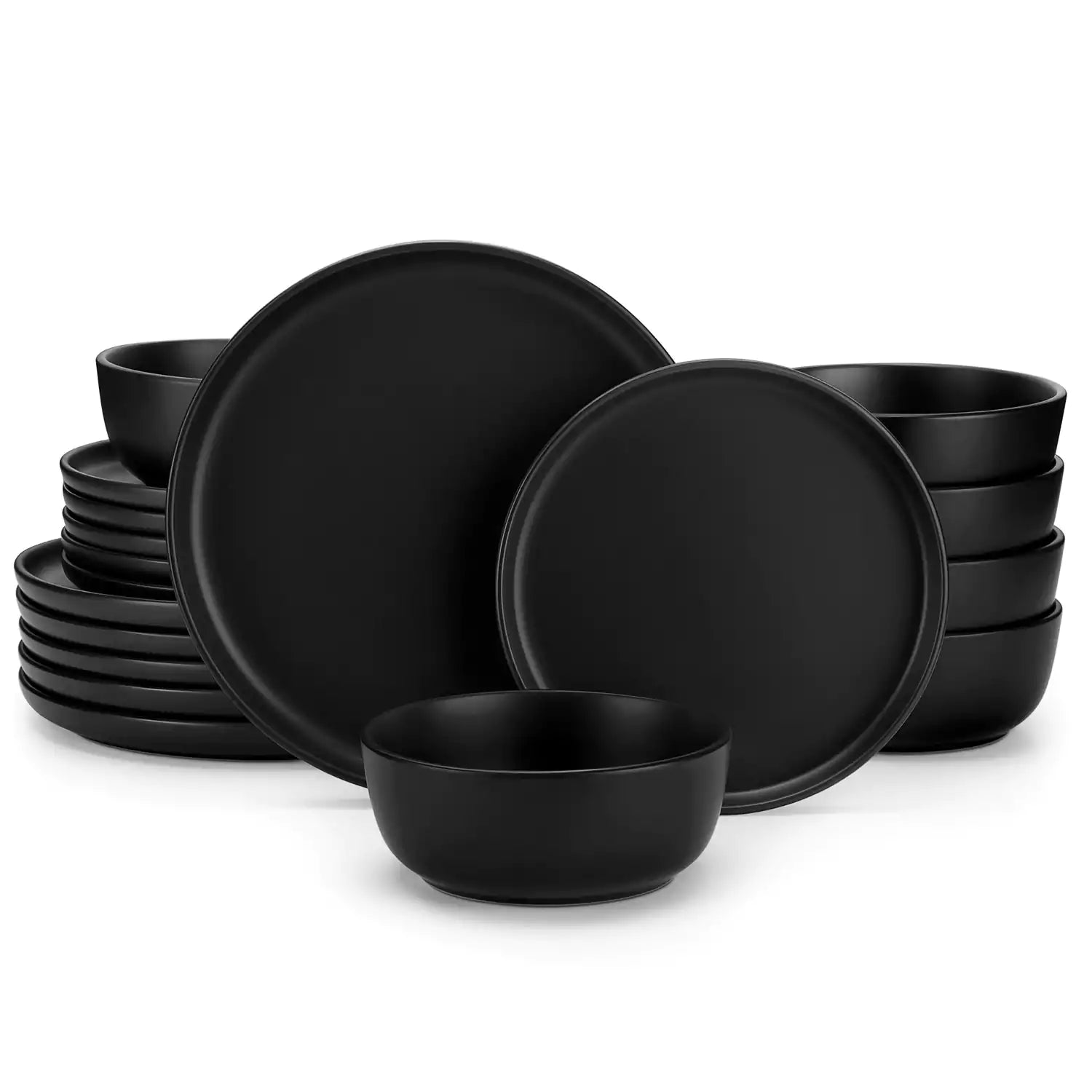 Playa 18-Piece Stoneware Dinnerware Set for 6, featuring plates and bowls in a modern Ibiza-inspired style with a matte black finish-vancasso