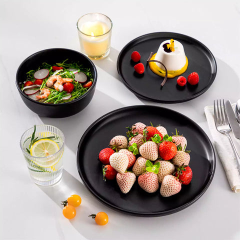 Playa 36 Piece Matte Black Dinnerware Set for 12 ideal for hosting elegant dinners or everyday modern dining.