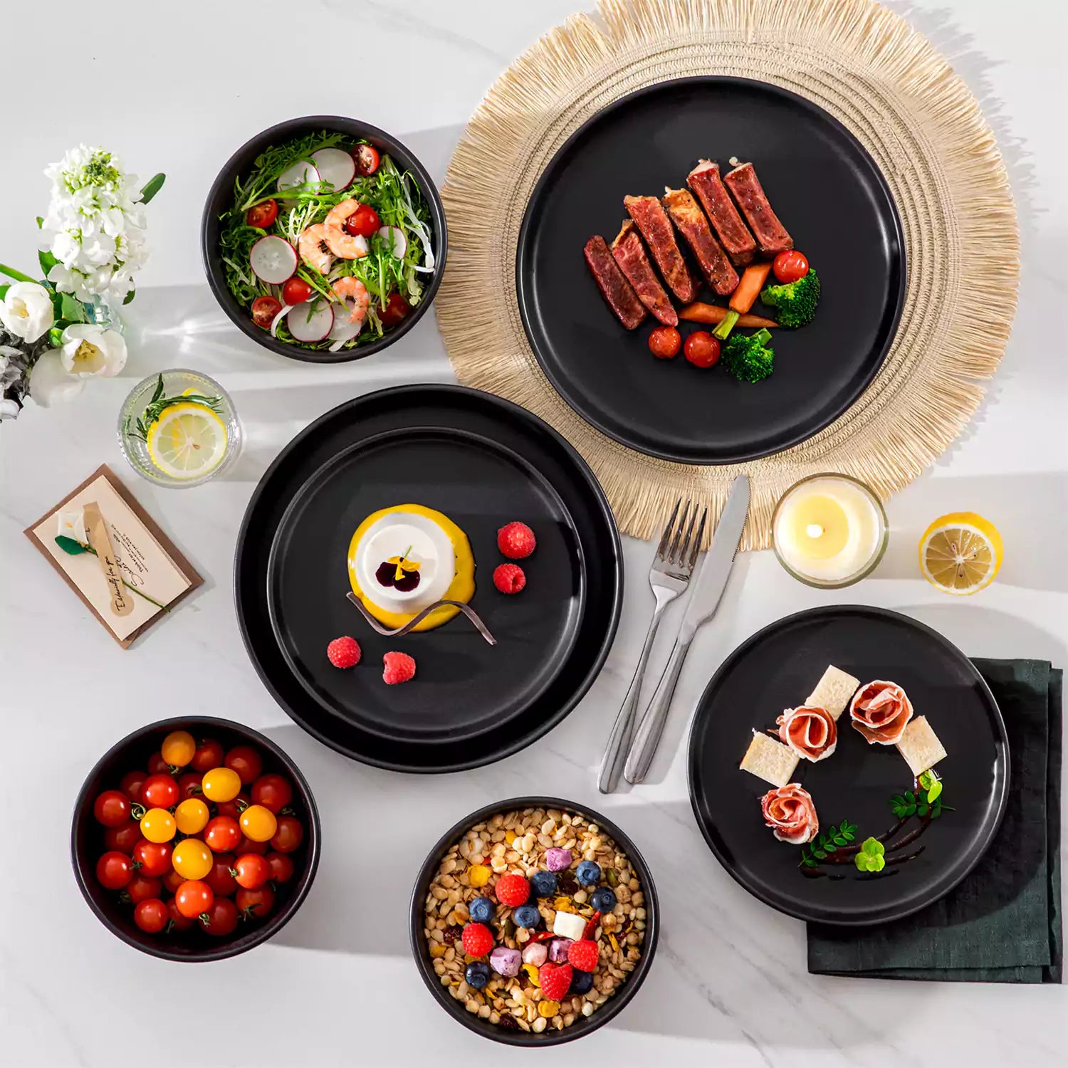 Playa 36 Piece Matte Black Dinnerware Set for 12 ideal for hosting elegant dinners or everyday modern dining.