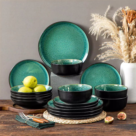 A glossy green 16-piece stoneware dinnerware set from the Playa collection - featuring farmhouse charm with plates and bowls for 4 people-vancasso