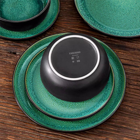 Playa 18-Piece Stoneware Dinnerware Set with plates and bowls for 6 - featuring a unique green reactive glaze and a farmhouse-inspired style-vancasso