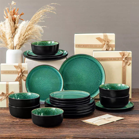Playa 18-Piece Stoneware Dinnerware Set with plates and bowls for 6 - featuring a unique green reactive glaze and a farmhouse-inspired style-vancasso