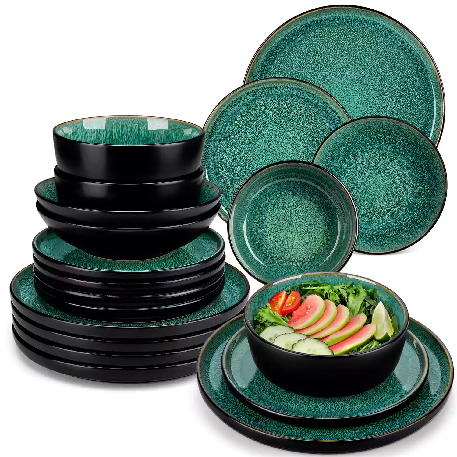 A glossy green 24-piece stoneware dinnerware set from the Playa collection - featuring farmhouse charm with plates and bowls for 6 people-vancasso