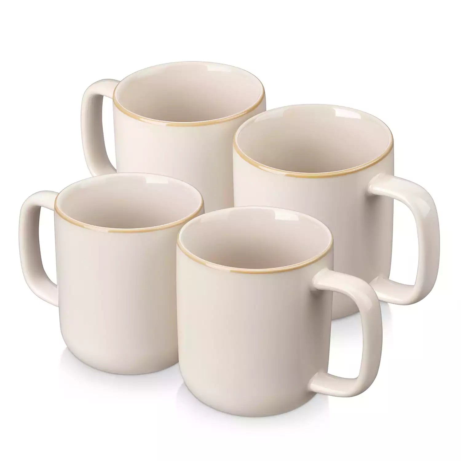 Playa 16oz stoneware mugs in beige reactive glaze on a rustic wooden café table with coffee maker and pastries