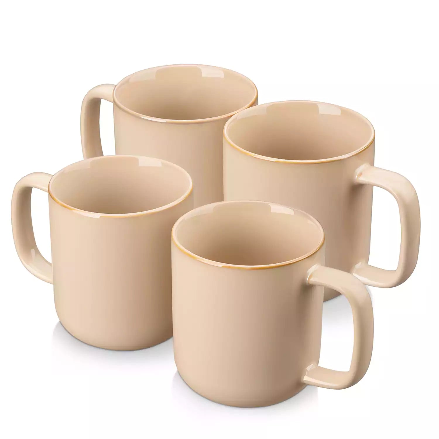 Playa 16oz stoneware mugs in brown reactive glaze on a rustic wooden café table with coffee maker and pastries
