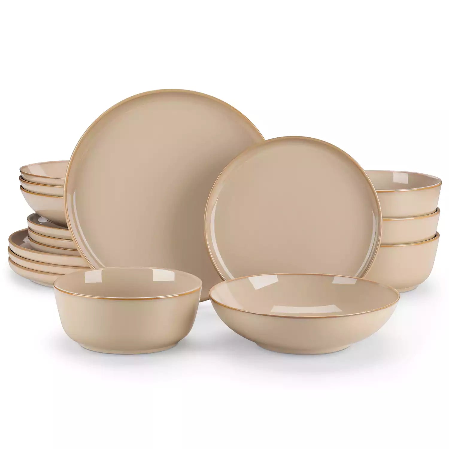 A glossy caramel 16-piece stoneware dinnerware set from the Playa collection - featuring farmhouse charm with plates and bowls for 4 people-vancasso