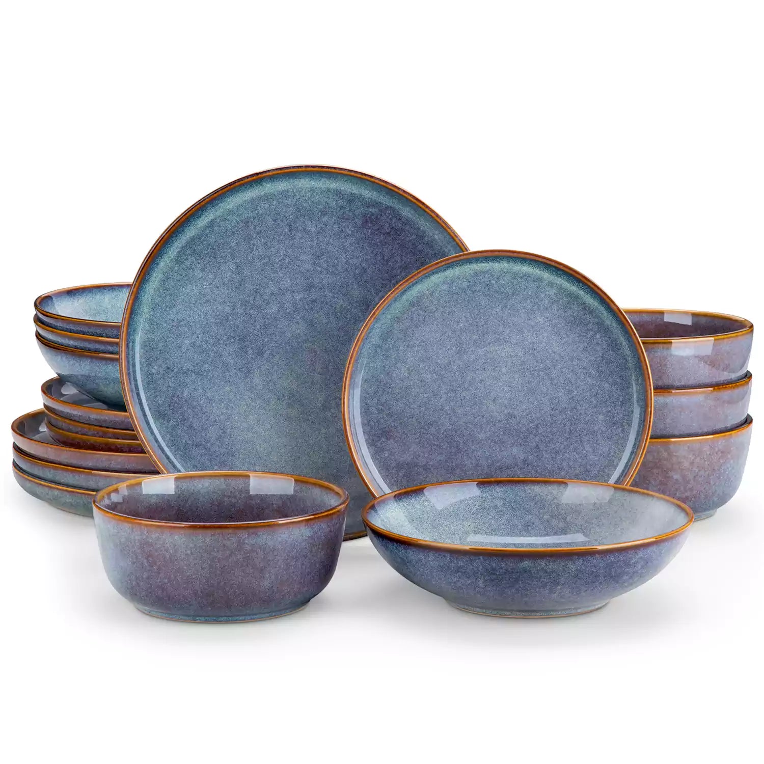 A glossy deep indigo 16-piece stoneware dinnerware set from the Playa collection - featuring farmhouse charm with plates and bowls for 4 people-vancasso