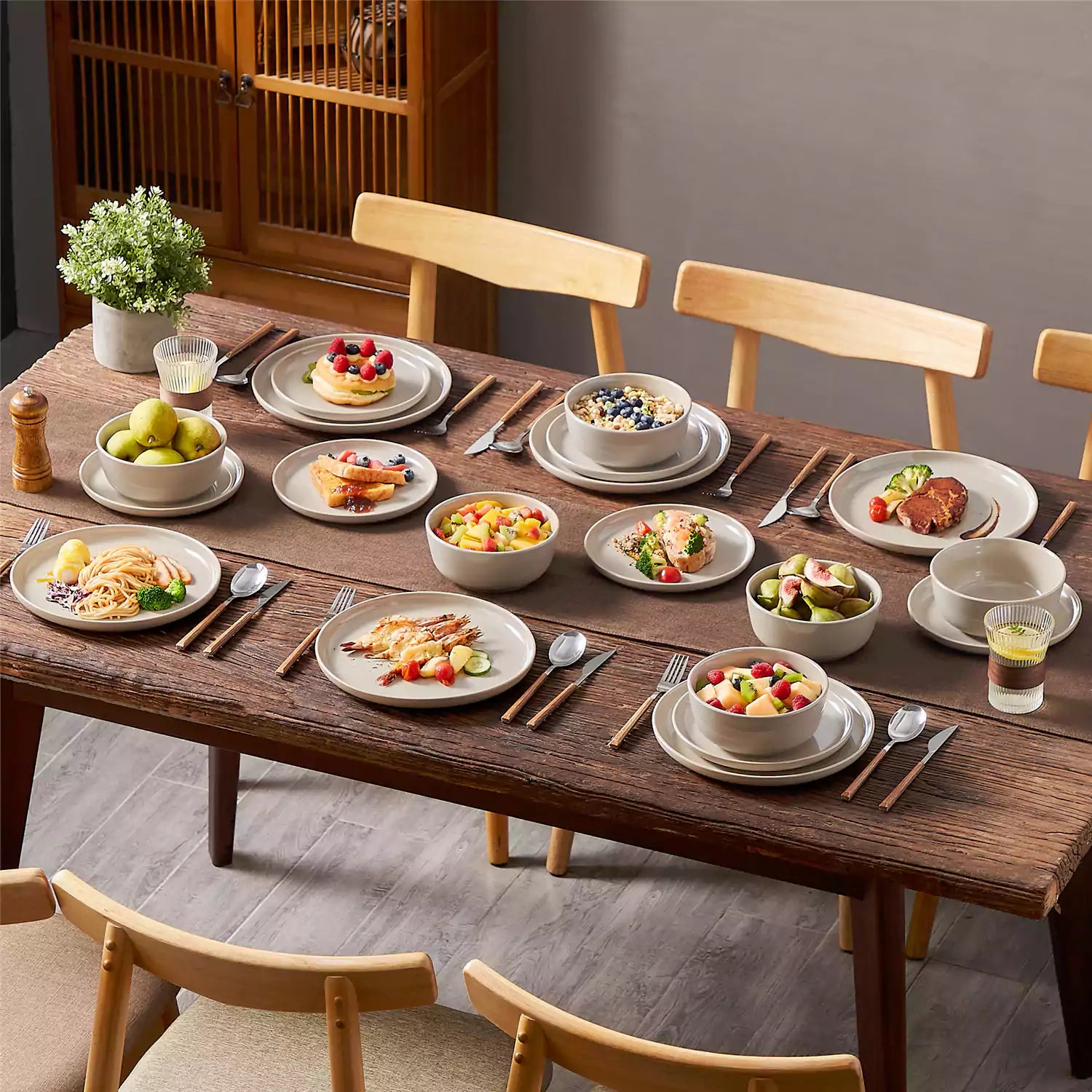 Playa 18-Piece Stoneware Dinnerware Set with plates and bowls for 6 - featuring a unique grey reactive glaze and a farmhouse-inspired style-vancasso