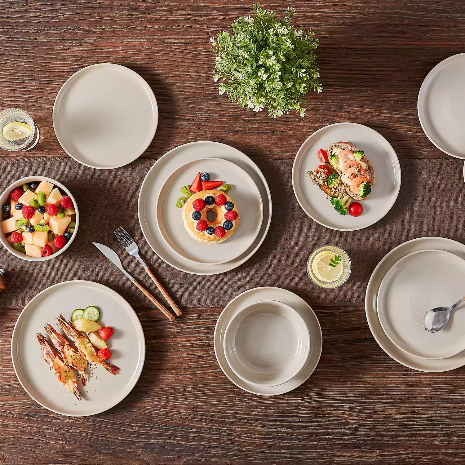 Playa 18-Piece Stoneware Dinnerware Set with plates and bowls for 6 - featuring a unique grey reactive glaze and a farmhouse-inspired style-vancasso