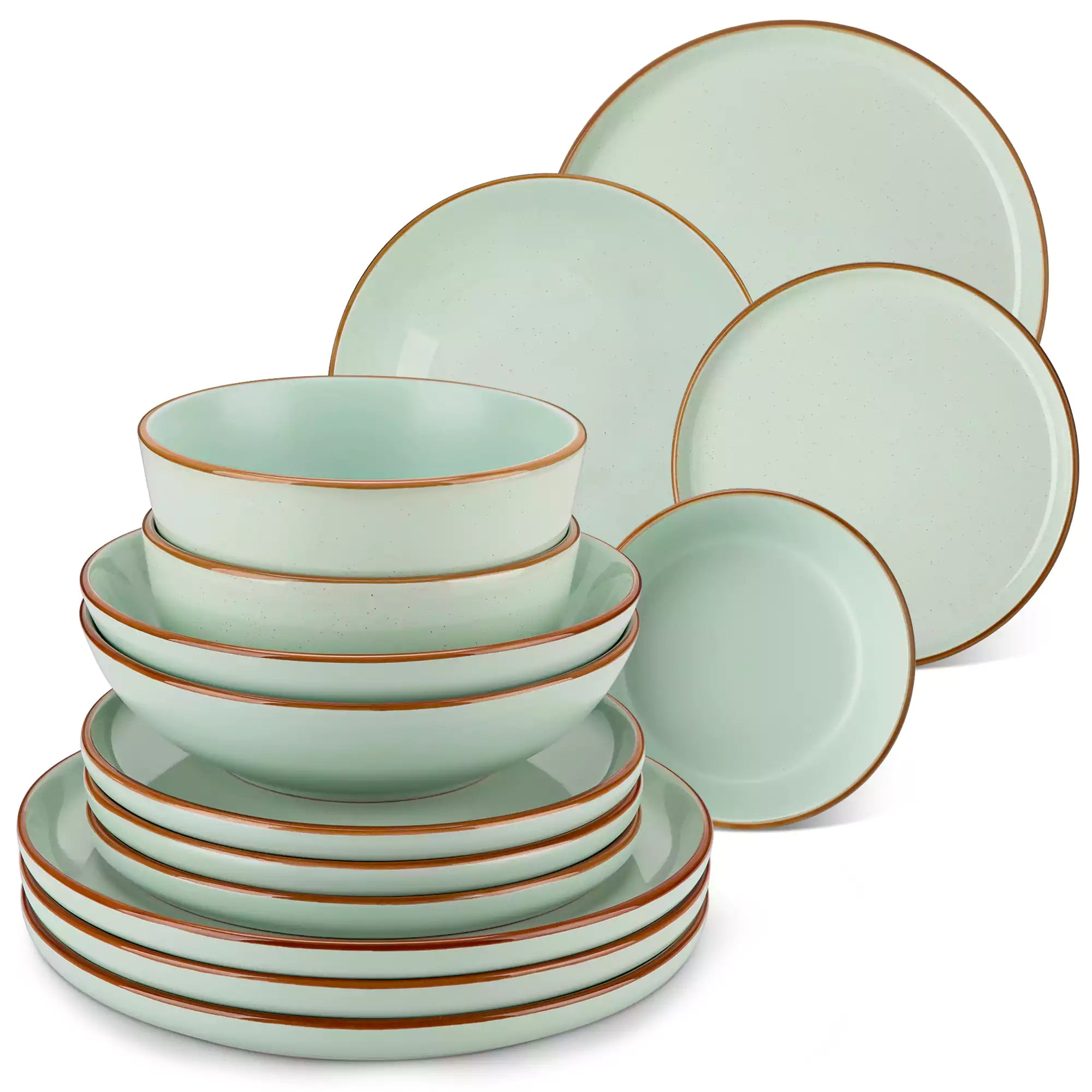 Rustic green speckled stoneware dinnerware set with lipped-edge plates and bowls arranged on a sunlit modern dining table-vancasso