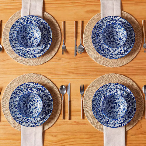 Selene 12-Piece Porcelain Dinnerware Set with blue and white Lily pattern and Japanese-inspired design - including matching plates and bowls-vancasso