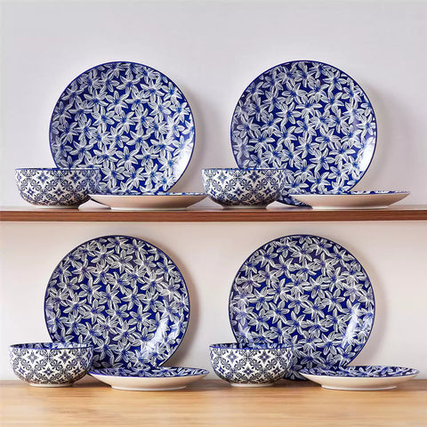 Selene 12-Piece Porcelain Dinnerware Set with blue and white Lily pattern and Japanese-inspired design - including matching plates and bowls-vancasso